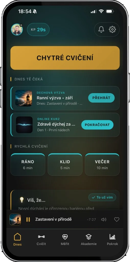 Úvodní obrazovka aplikace DechBar s dnešním dílem ranní výzvy